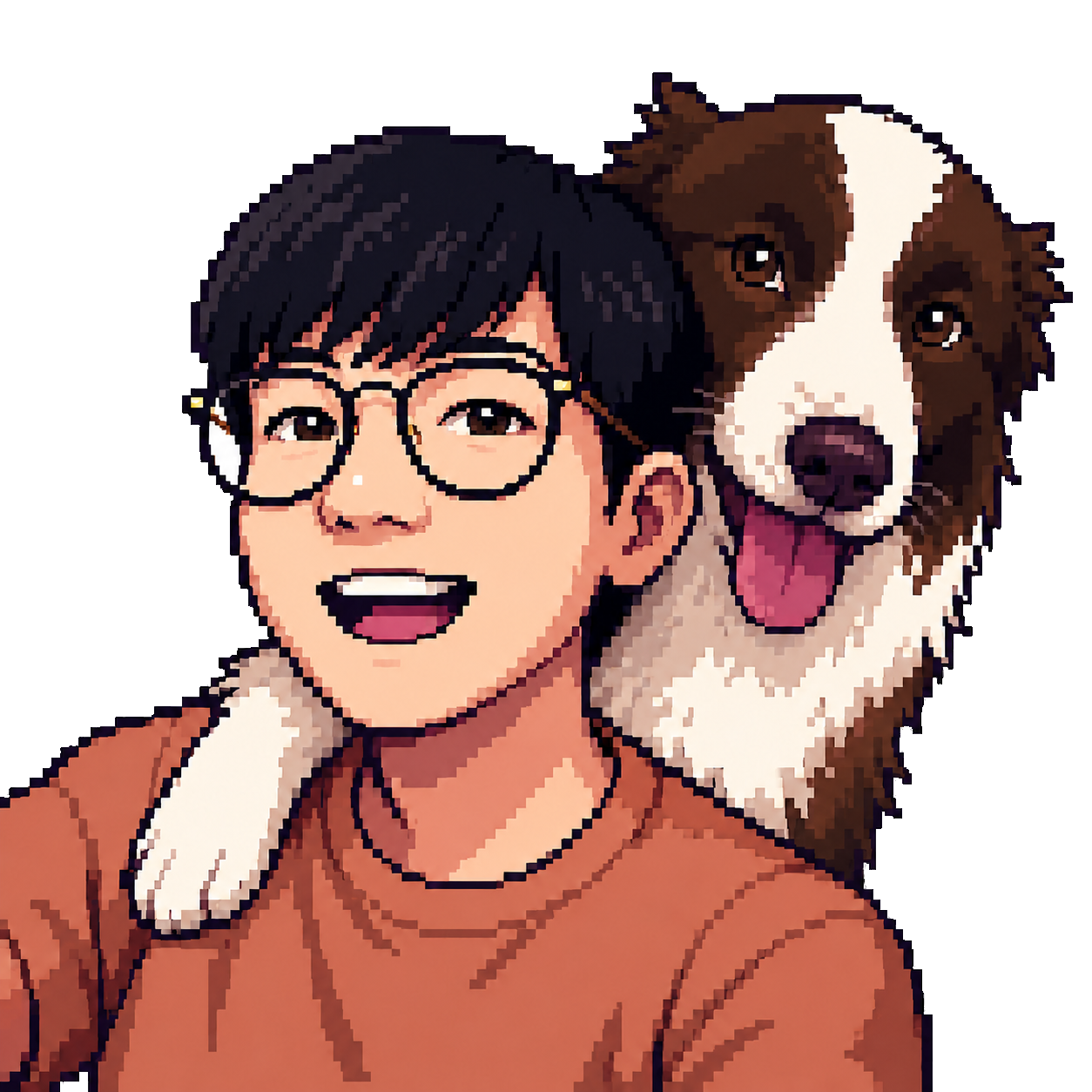 Pixel-art portrait of Jiangyang HU with his dog.