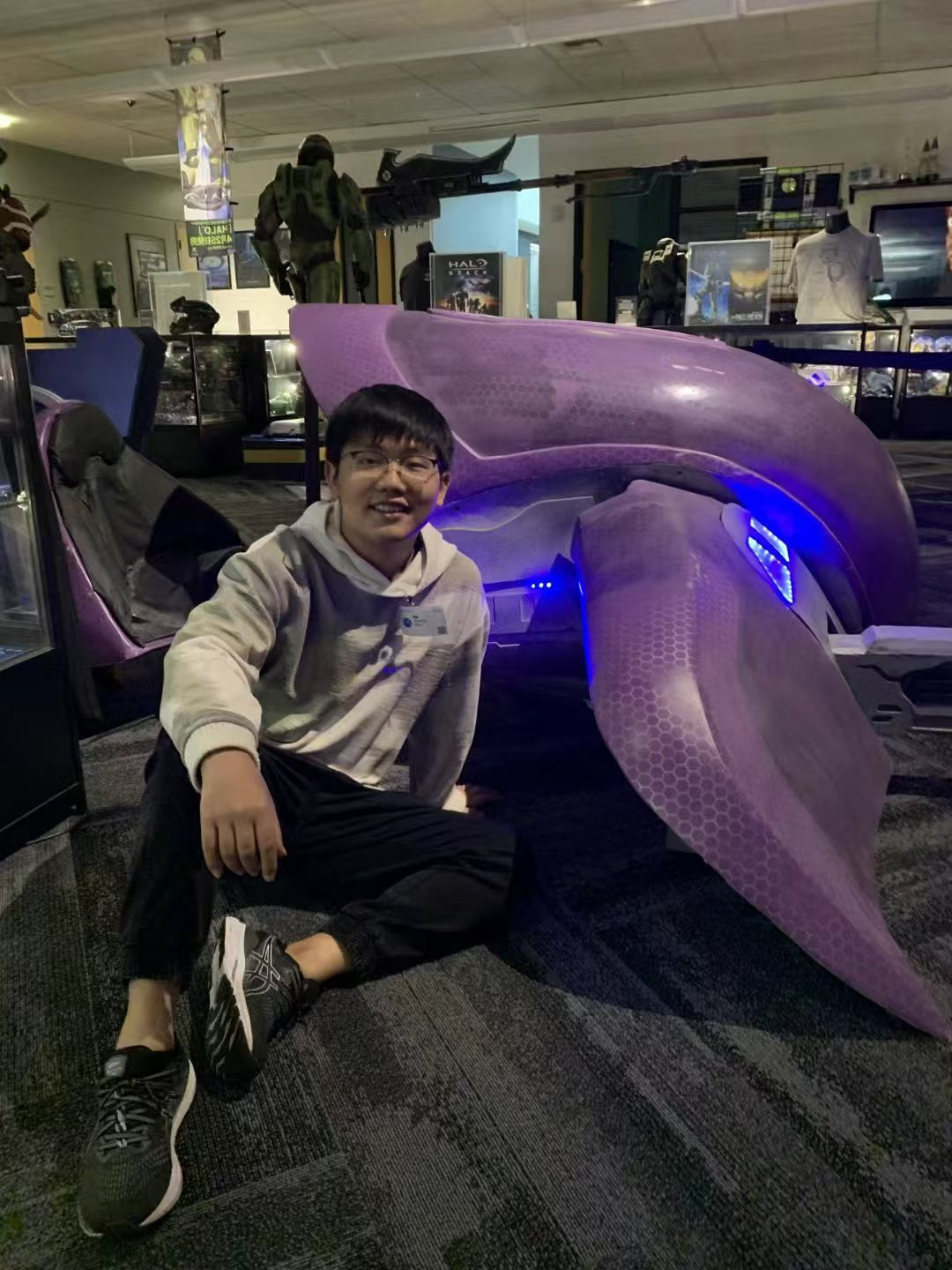 Posing with a Halo display during a work visit to Xbox headquarters in Seattle